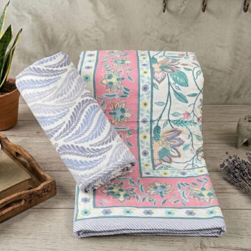 Rosy Fern Reversible Mulmul Cotton Single Dohar – Set of 2