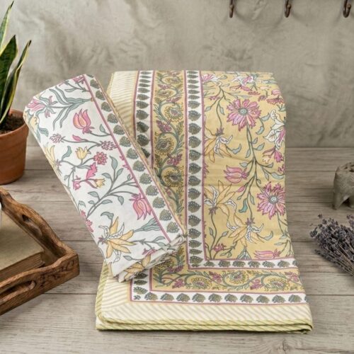 Golden Bloom Reversible Mulmul Cotton Single Dohar – Set of 2
